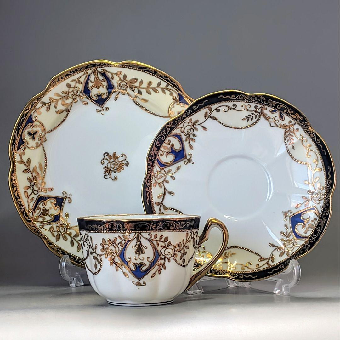 美品 オールドノリタケ マルキ印 コバルト金盛 トリオセット カップ＆ソーサー