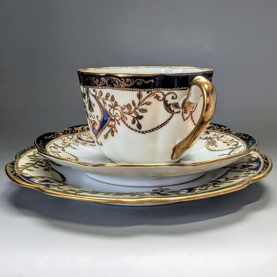 美品 オールドノリタケ マルキ印 コバルト金盛 トリオセット カップ＆ソーサー