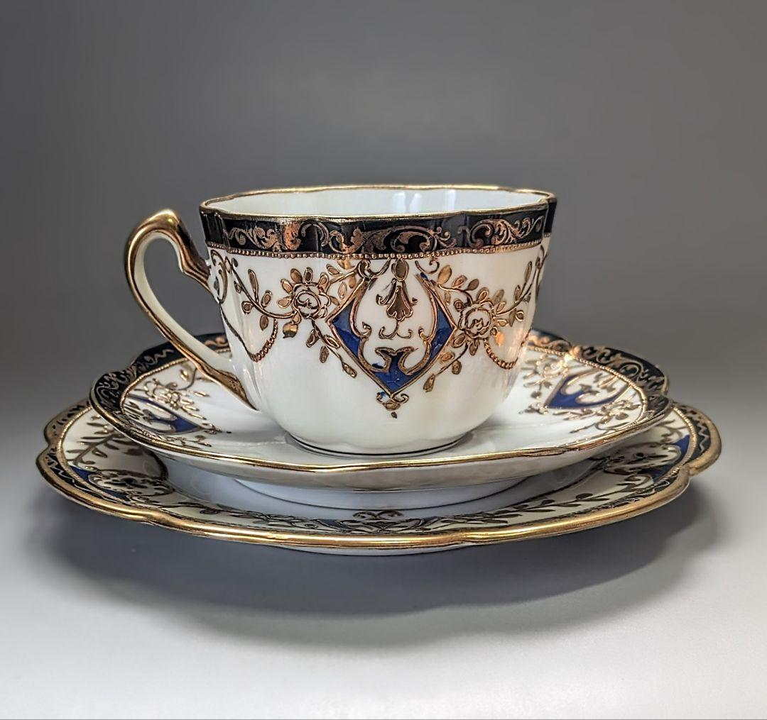 美品 オールドノリタケ マルキ印 コバルト金盛 トリオセット カップ＆ソーサー