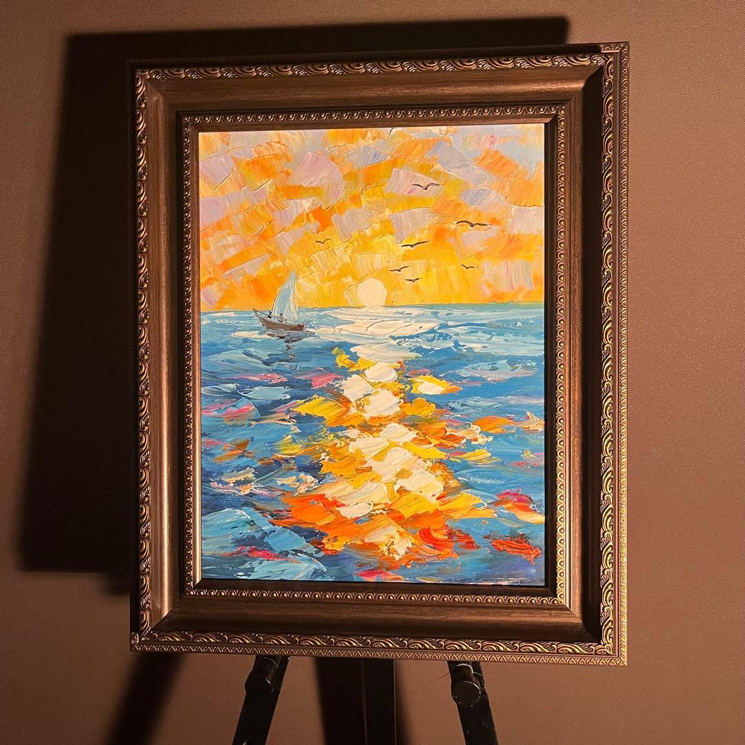 手書き油絵 sun set 夕陽 額付 インテリア 油彩画 肉筆絵画