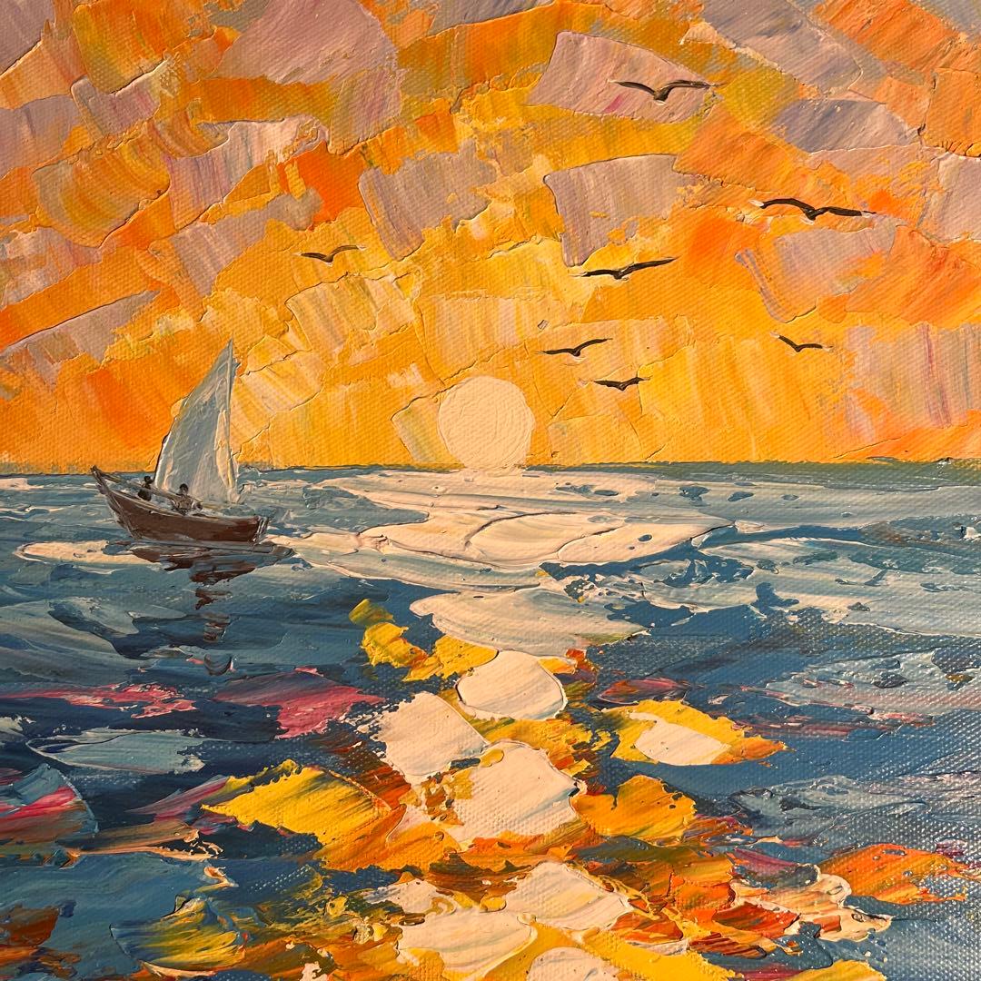手書き油絵 sun set 夕陽 額付 インテリア 油彩画 肉筆絵画