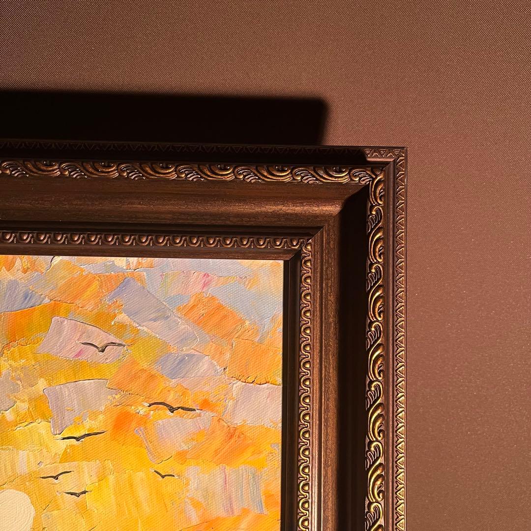 手書き油絵 sun set 夕陽 額付 インテリア 油彩画 肉筆絵画