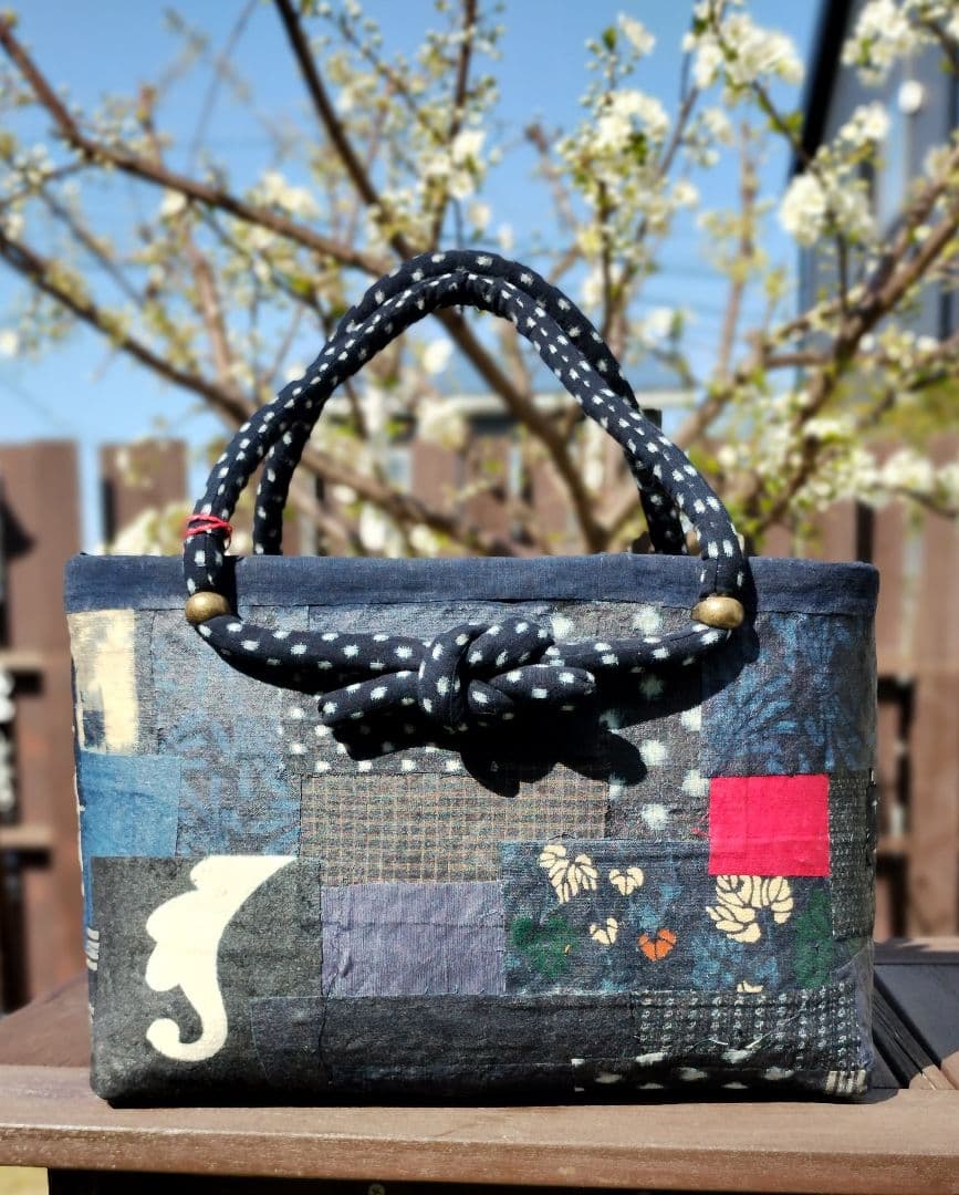 一閑張りバッグ　絣　筒描　古布　雪ん子　ハンドメイド
