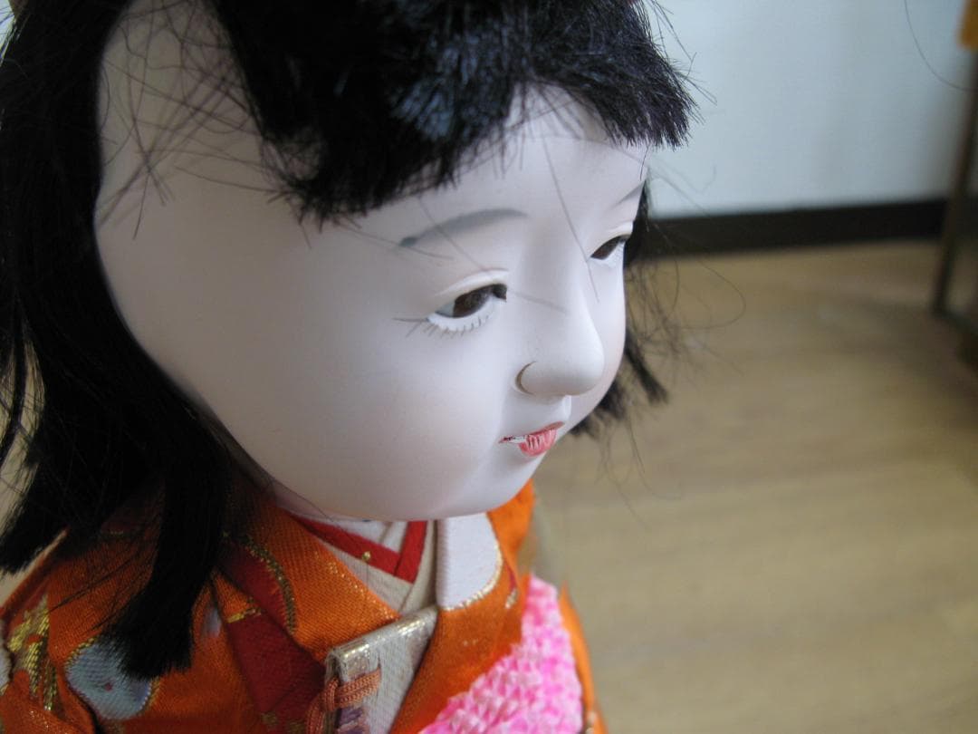 市松人形/日本人形　少女/童女/おかっぱ　髪の毛本物　ケース付　雛人形 古雛