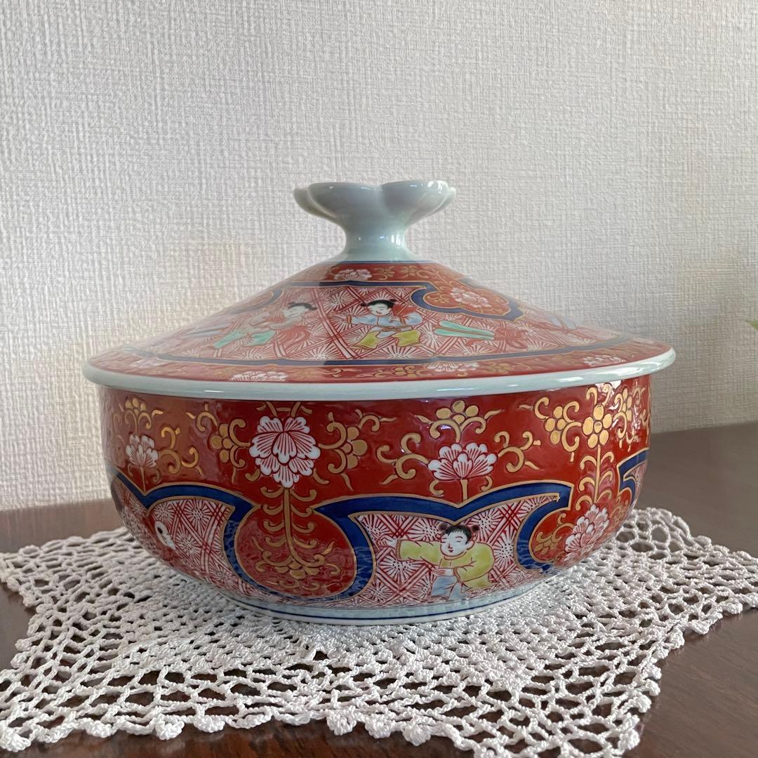 【極美品】有田焼 古伊万里様式 蓋付大鉢 豪華金彩 唐子遊戯図 骨董市一点物