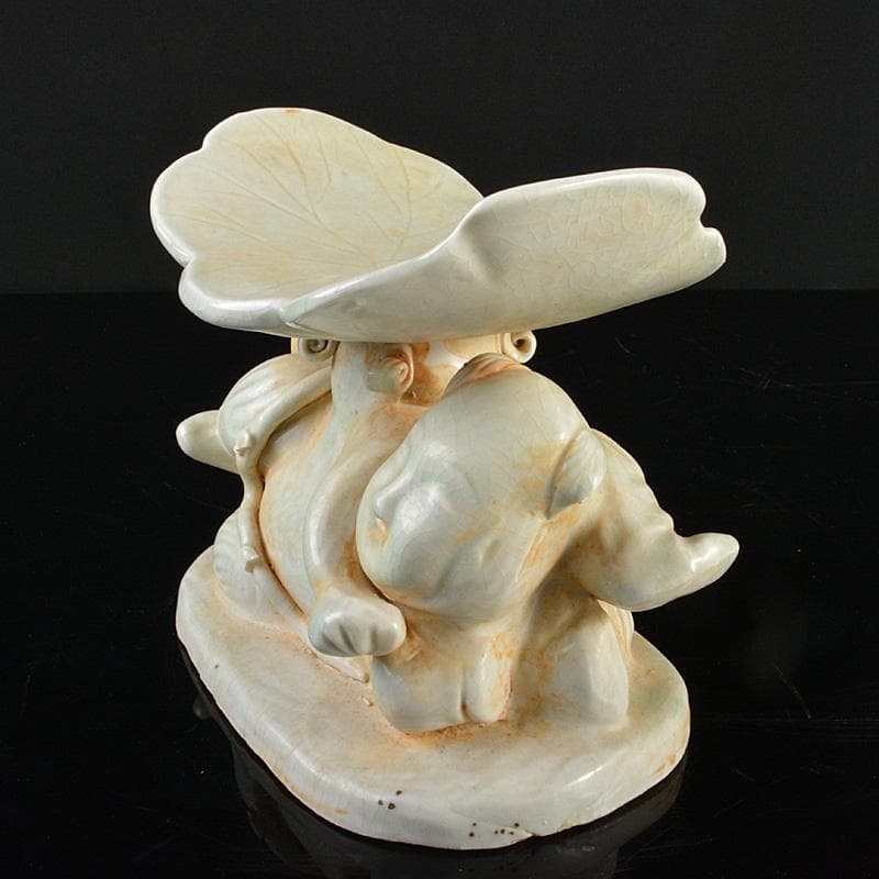 中国　粉青釉　蓮に唐子　枕　置物　V　R6278