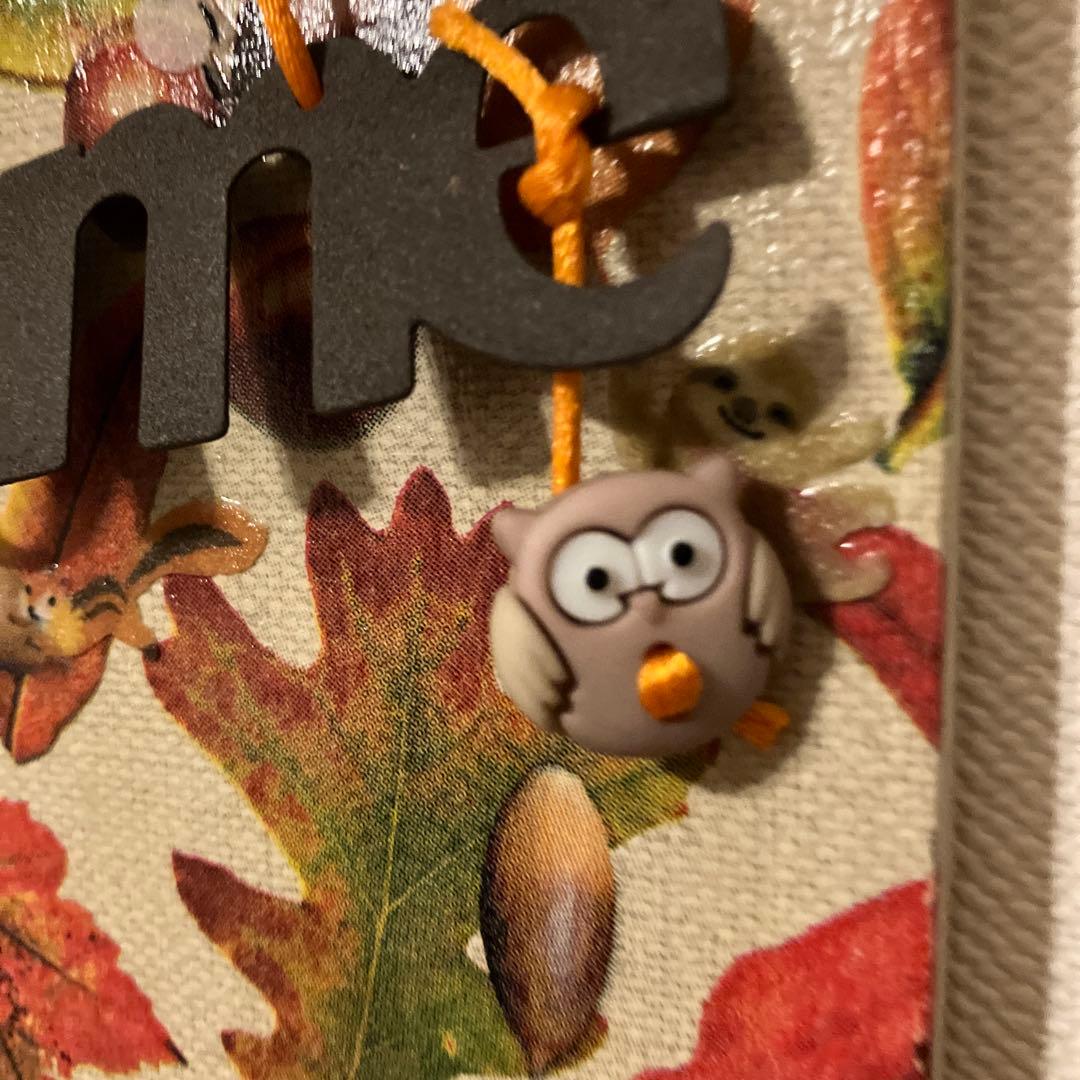 秋の葉と動物のウェルカムボードハンドメイド デコパージュ作品