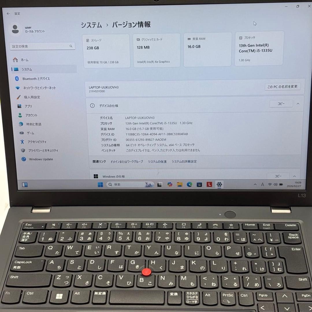 Windowsノート本体 ThinkPad L13 Gen4 Corei5-1335U 2