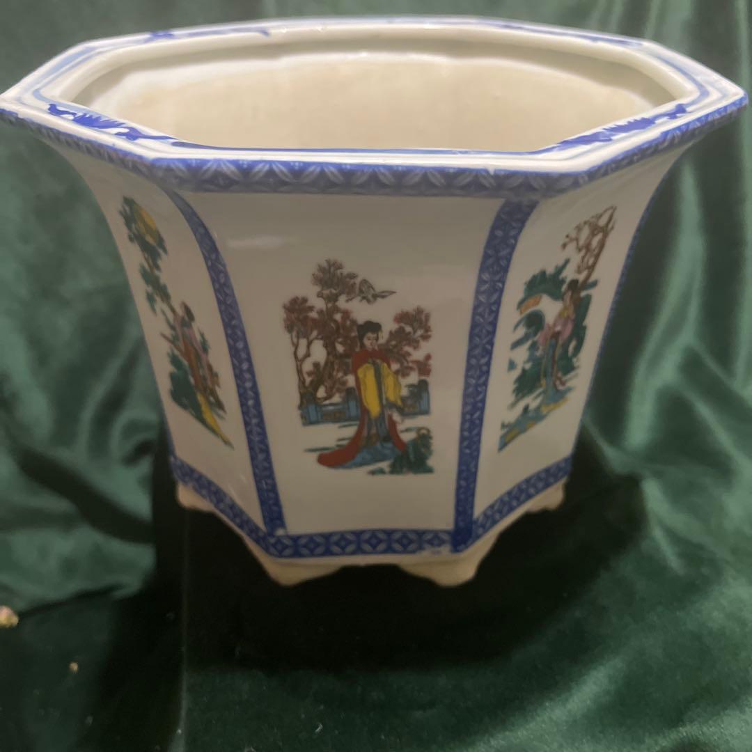 中國古代女子の瓷器植木鉢 中型 八角形