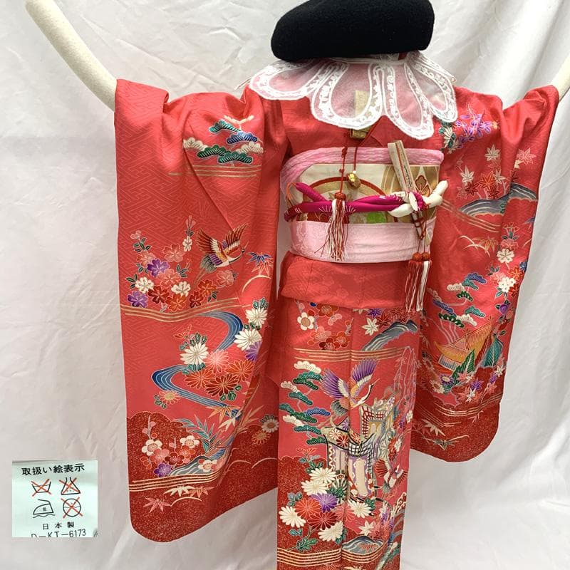 505ag52□七五三 七歳 女児 着物&袋帯 金彩 鶴 建物文□美品