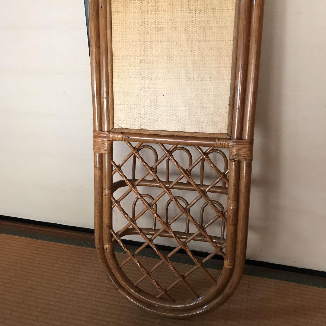 ラタン　ミラー　壁掛け　鏡　籐　姿見　スリッパラック付
