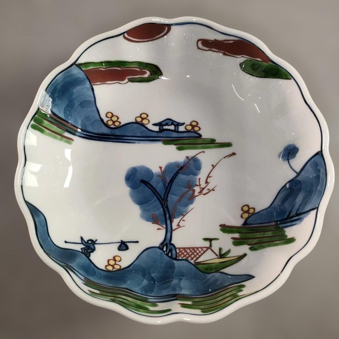 A1346-7/有田焼/源右衛門窯/染錦山水絵鉢揃5客/銘々皿/飾鉢/懐石道具/