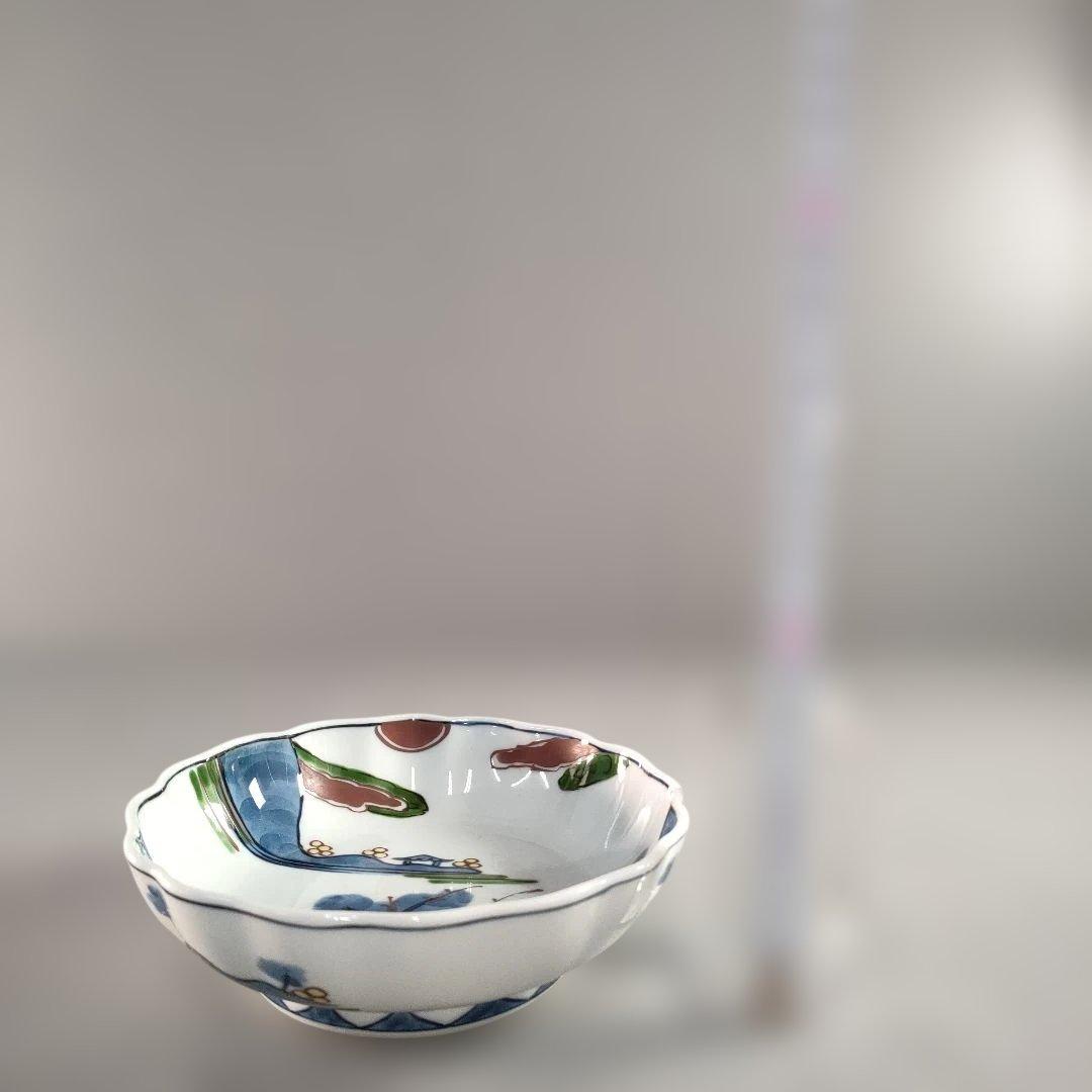 A1346-7/有田焼/源右衛門窯/染錦山水絵鉢揃5客/銘々皿/飾鉢/懐石道具/