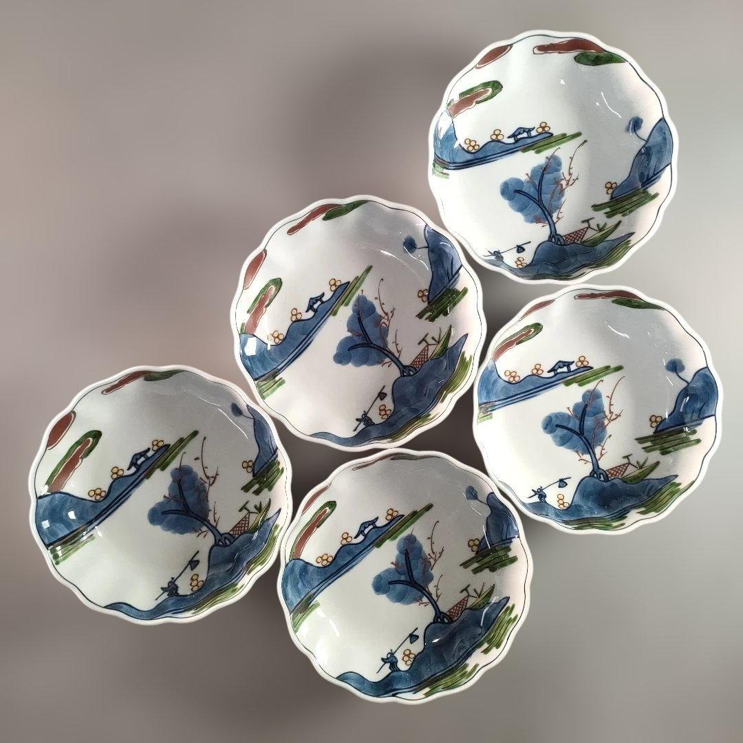 A1346-7/有田焼/源右衛門窯/染錦山水絵鉢揃5客/銘々皿/飾鉢/懐石道具/