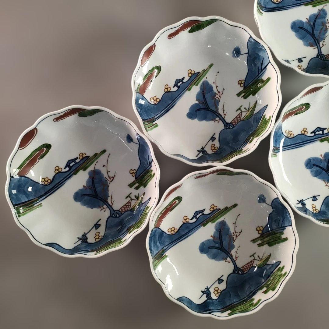 A1346-7/有田焼/源右衛門窯/染錦山水絵鉢揃5客/銘々皿/飾鉢/懐石道具/