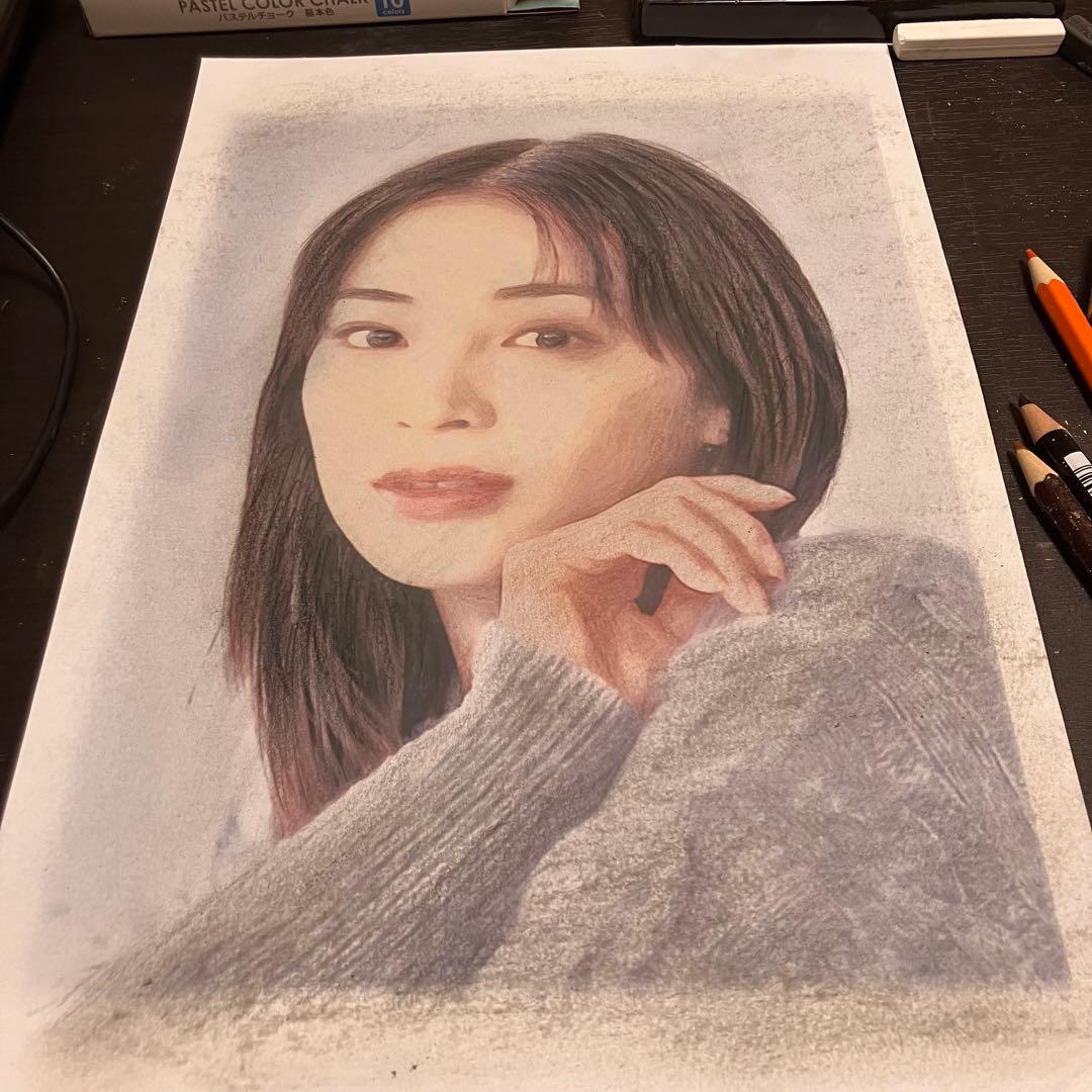 女優画31 額装品　額縁寸法32.7cm×24.0cm　カラー着色　定款付