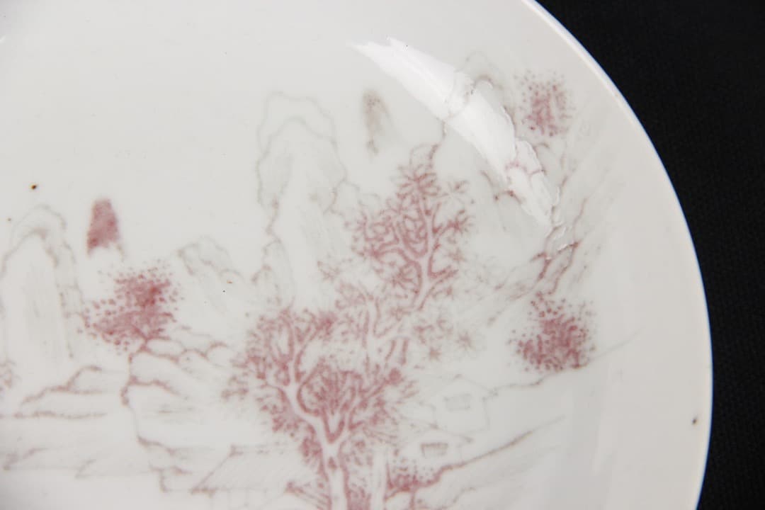 中国美術 清時代 釉下紅 山水図 小皿 豇豆紅 宮廷磁 古磁器 ENM23-2