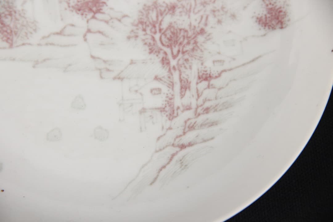 中国美術 清時代 釉下紅 山水図 小皿 豇豆紅 宮廷磁 古磁器 ENM23-2