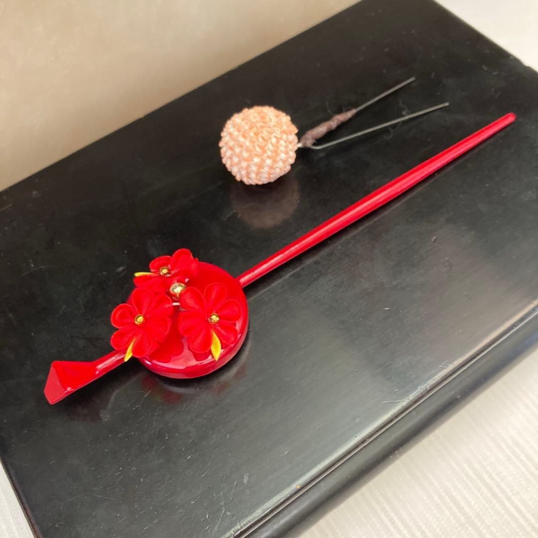 七五三　希少　パール揺れる　勝山簪セット　平打ち簪　水引簪　絞玉簪　桜色ちんころ