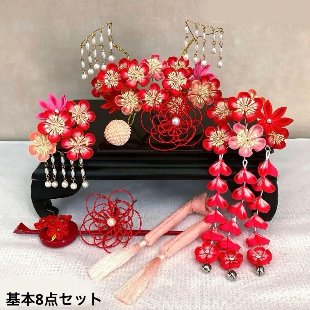 七五三　希少　パール揺れる　勝山簪セット　平打ち簪　水引簪　絞玉簪　桜色ちんころ