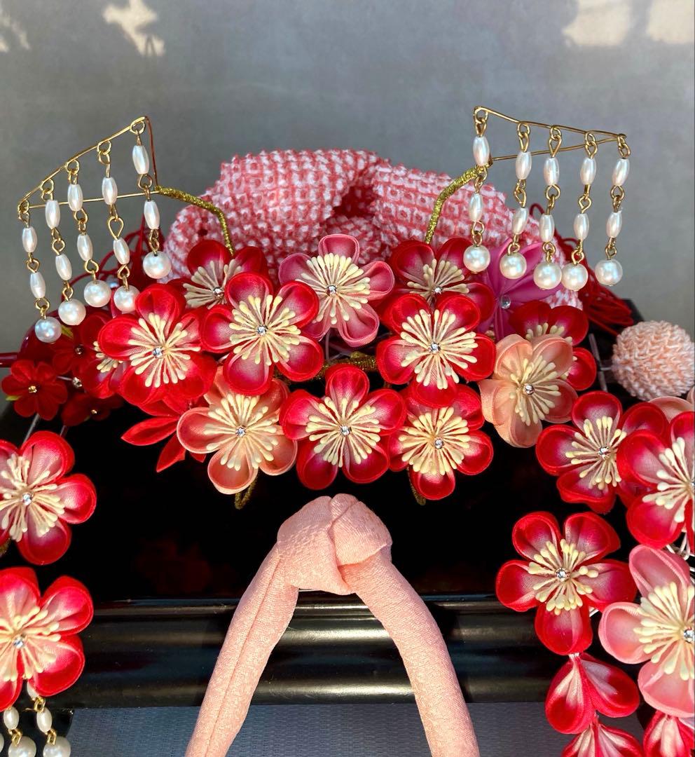 七五三　希少　パール揺れる　勝山簪セット　平打ち簪　水引簪　絞玉簪　桜色ちんころ