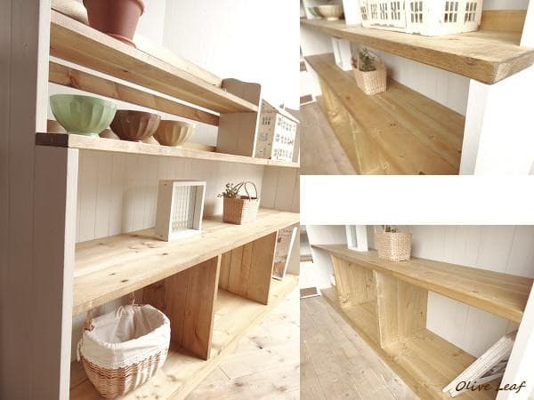 サイズオーダー可！超ワイドラックＷ130飾り棚●シャビーホワイト無垢材●受注製作