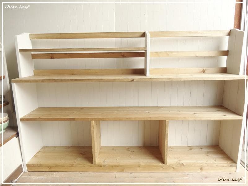 サイズオーダー可！超ワイドラックＷ130飾り棚●シャビーホワイト無垢材●受注製作