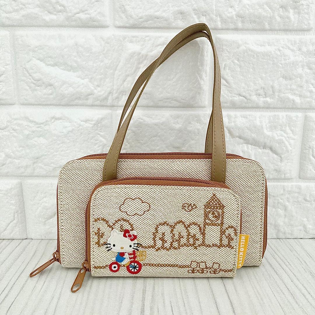 【未使用】平成レトロ ハローキティ ステッチ刺繍 大容量お財布バッグ ミニポーチ
