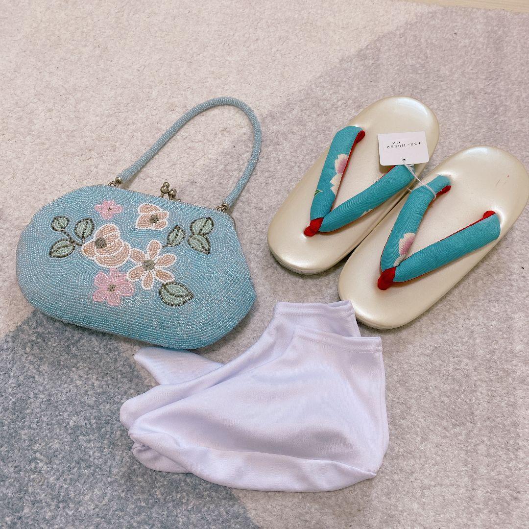 七五三 3歳 正絹？ 着物 被布 ビーズバッグ 草履 足袋 セット