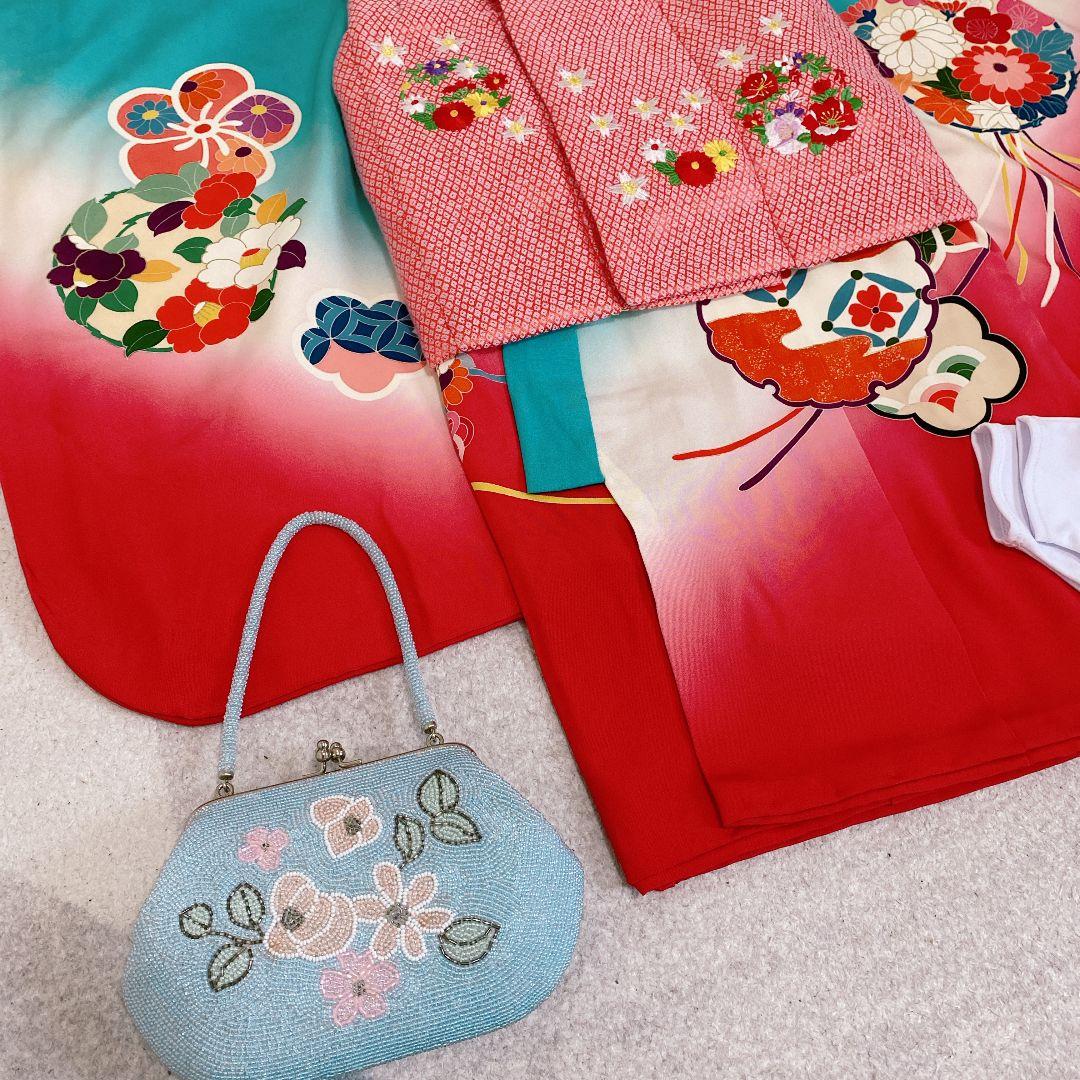 七五三 3歳 正絹？ 着物 被布 ビーズバッグ 草履 足袋 セット