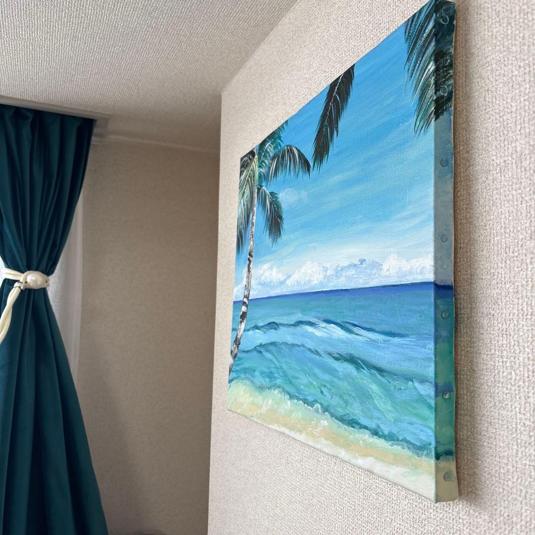 トロピカル海の風景画　アクリル画　南国　海　ヤシの木　癒し　ハワイ