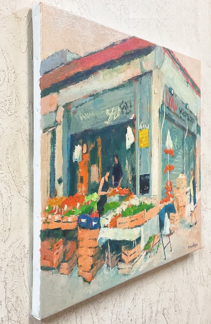 絵画427 油絵/街の風景/パリ/市場/F10号