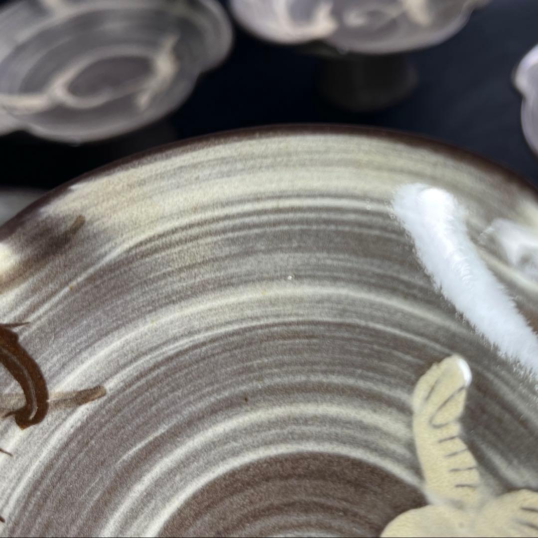 小田志　現川鷺文　松保窯　高台皿　5点