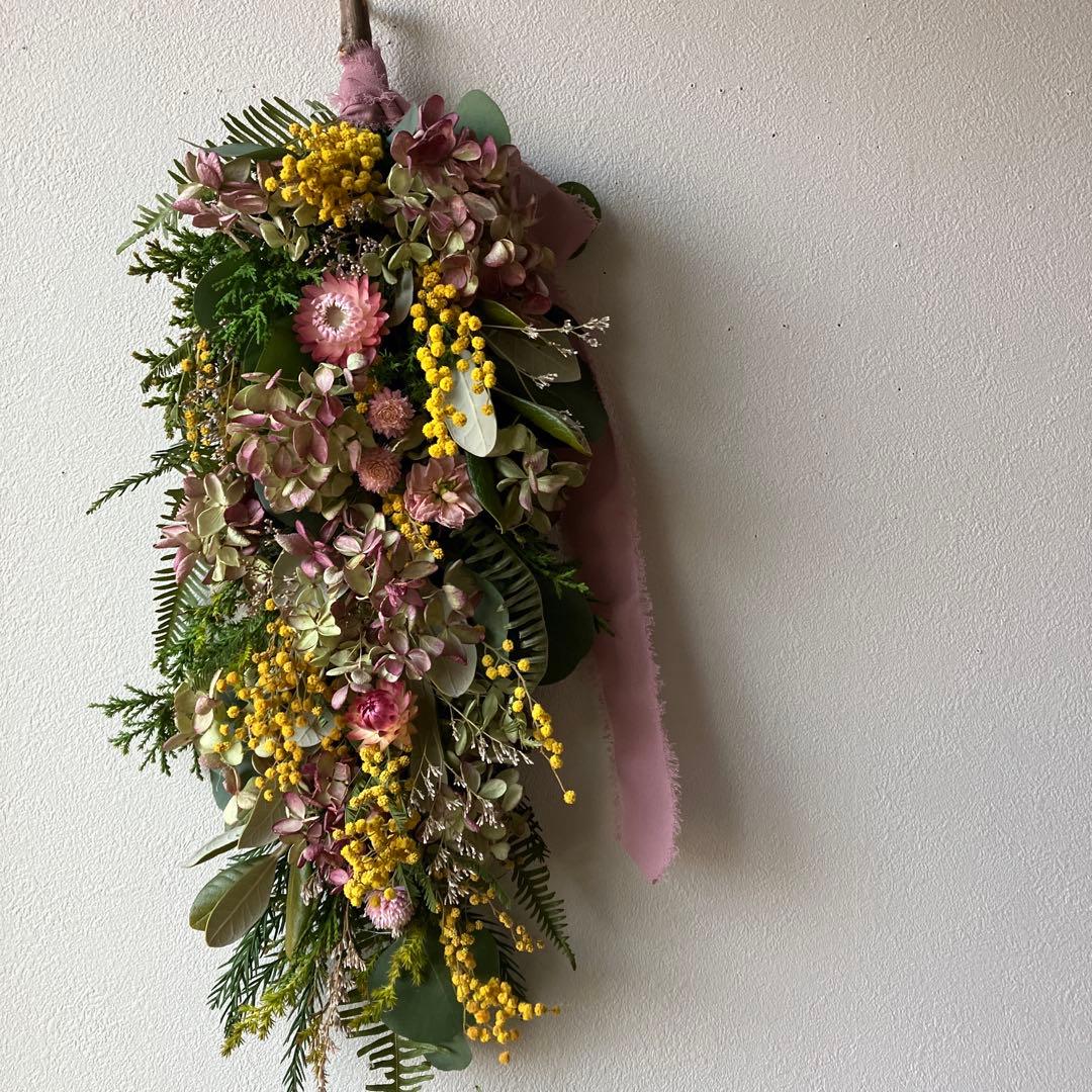 にゃんた　ミモザと水無月紫陽花のハーフリース＆ガーランド