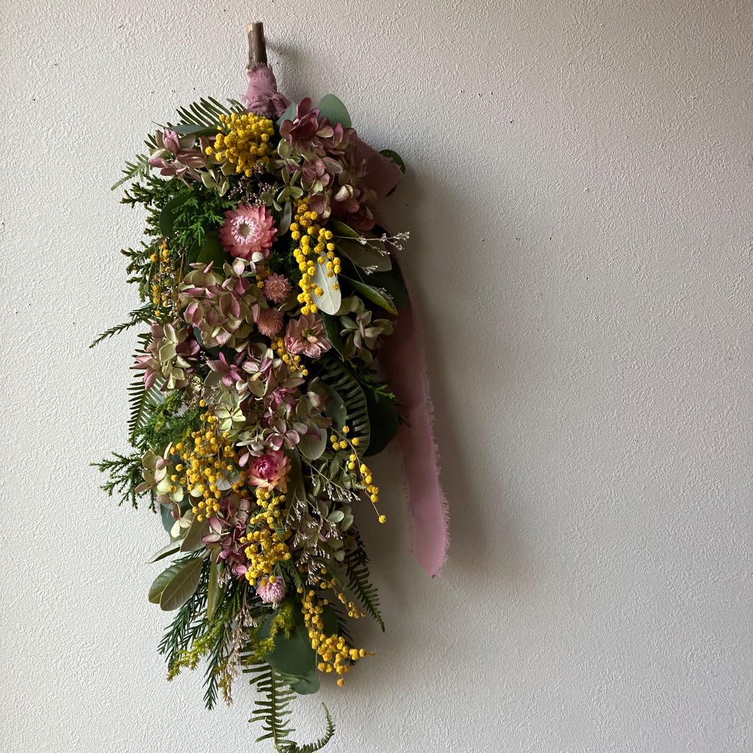 にゃんた　ミモザと水無月紫陽花のハーフリース＆ガーランド