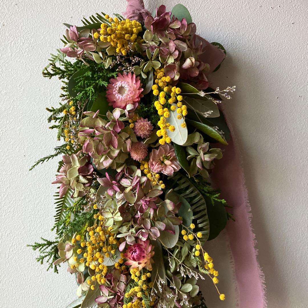 にゃんた　ミモザと水無月紫陽花のハーフリース＆ガーランド