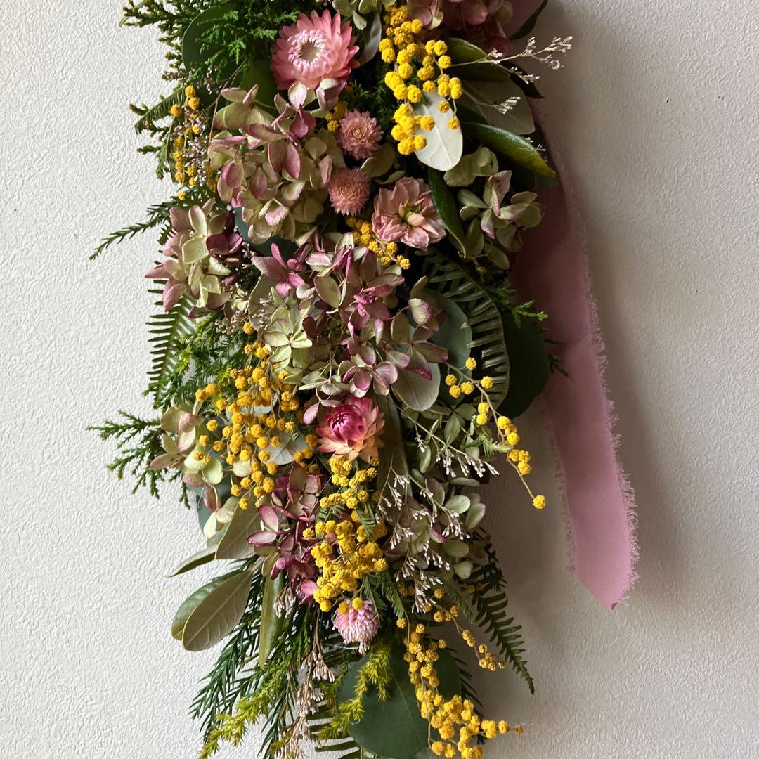 にゃんた　ミモザと水無月紫陽花のハーフリース＆ガーランド