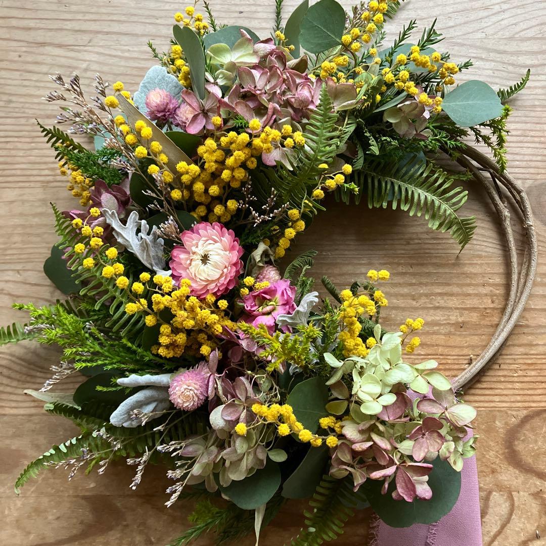 にゃんた　ミモザと水無月紫陽花のハーフリース＆ガーランド