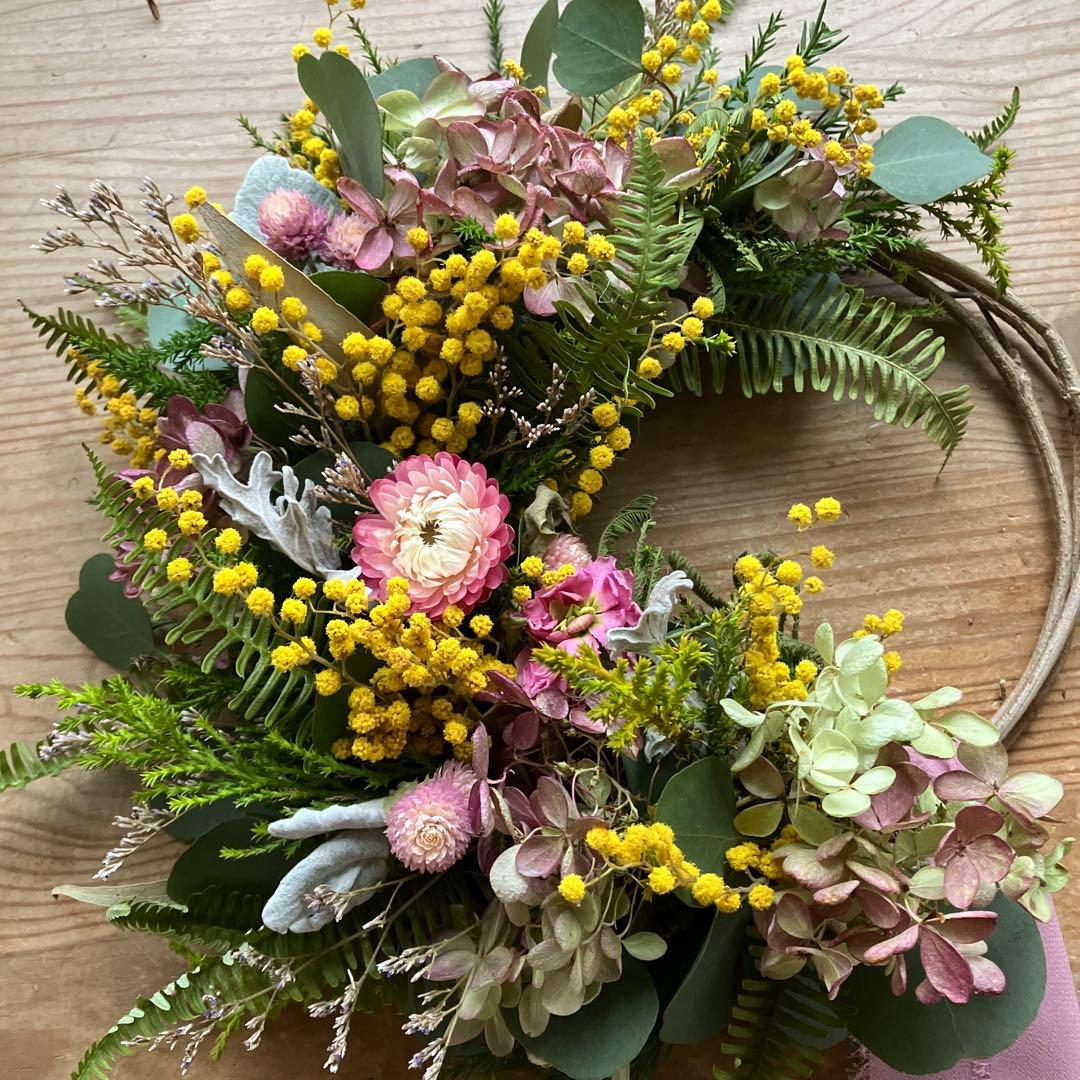 にゃんた　ミモザと水無月紫陽花のハーフリース＆ガーランド