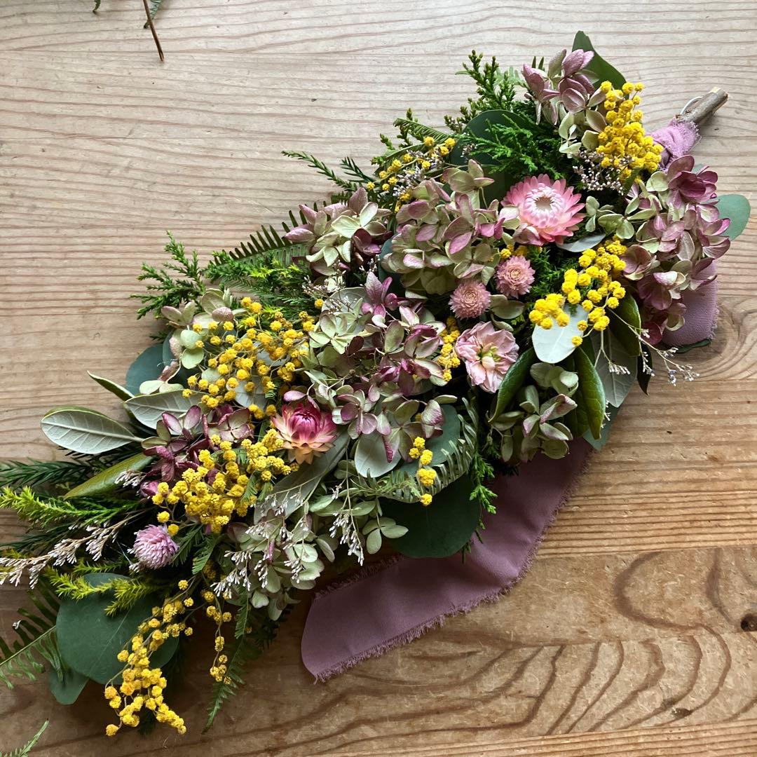 にゃんた　ミモザと水無月紫陽花のハーフリース＆ガーランド