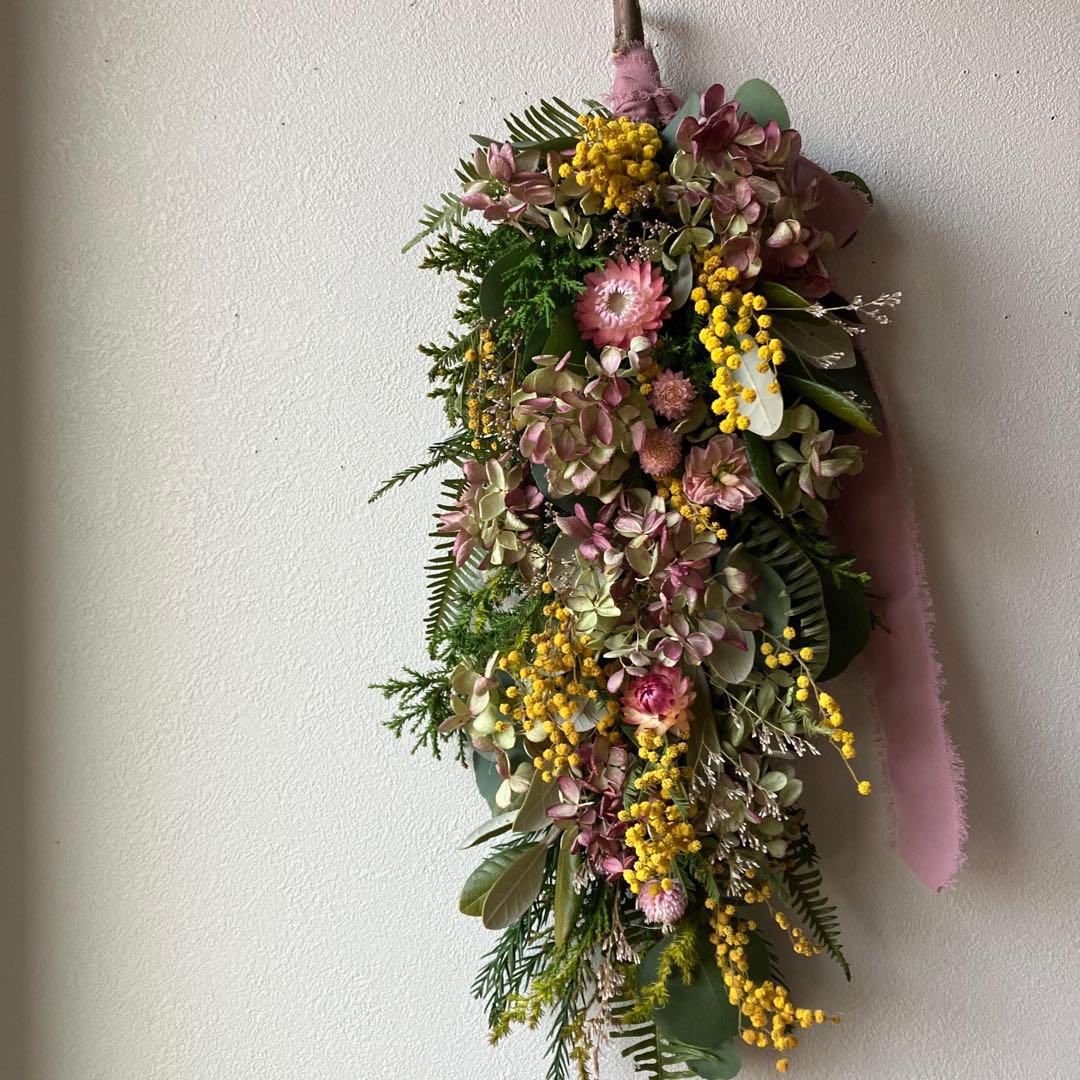 にゃんた　ミモザと水無月紫陽花のハーフリース＆ガーランド