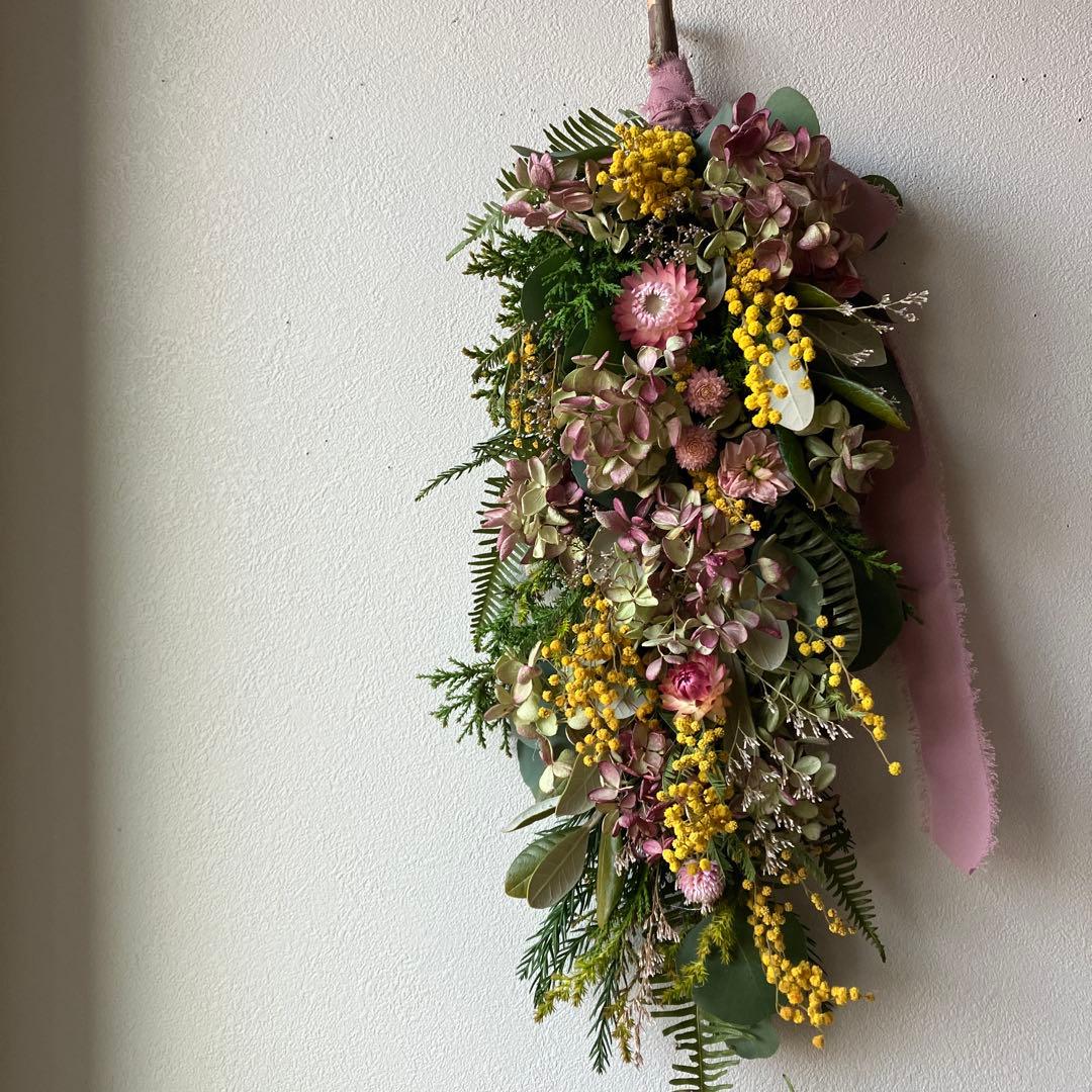 にゃんた　ミモザと水無月紫陽花のハーフリース＆ガーランド