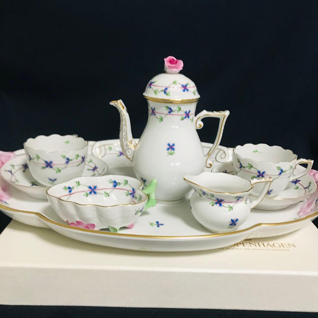 ヘレンド     コーンフラワー　矢車菊　テテアテテセット  パーティトレイ