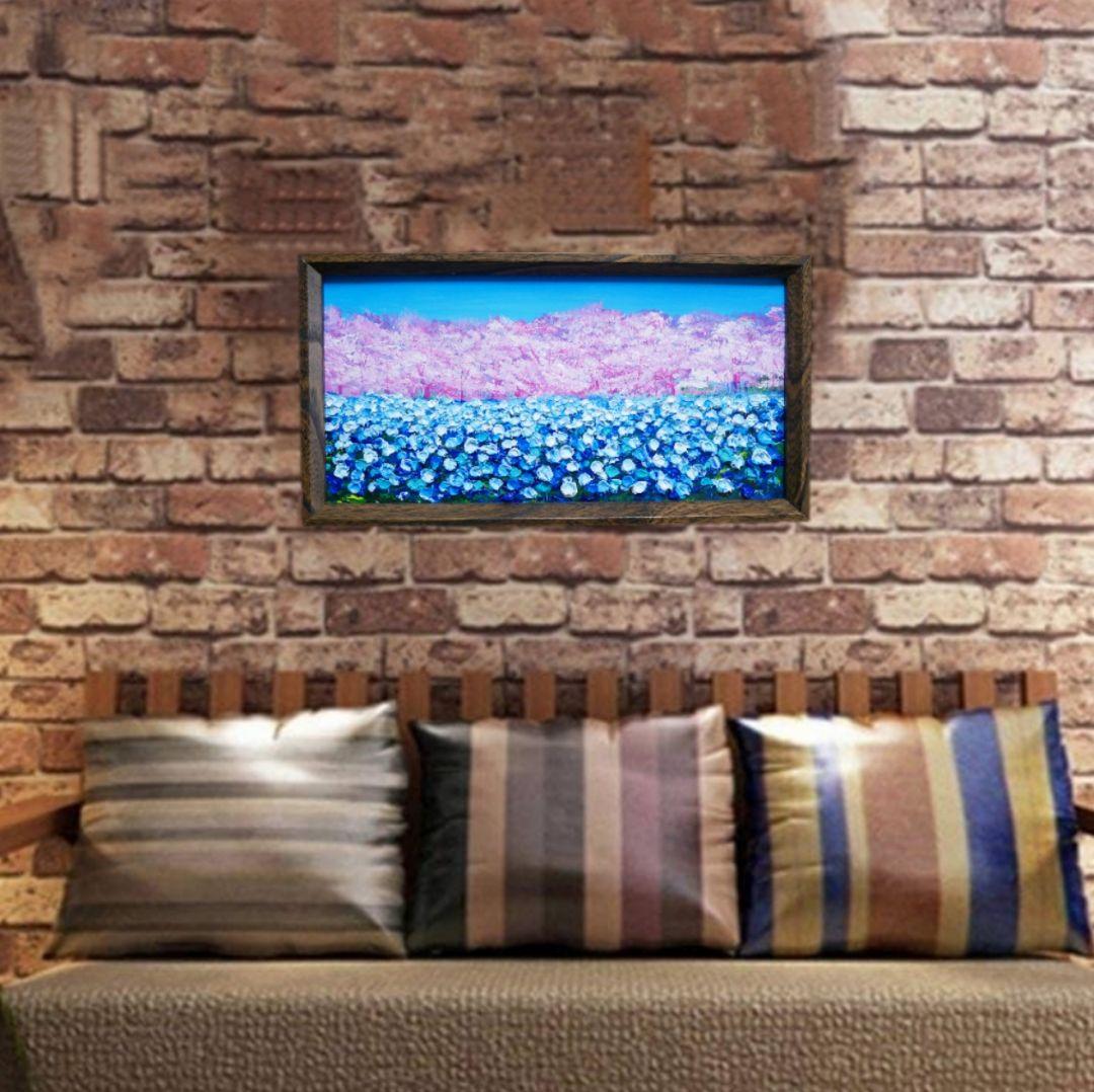 油絵 油彩 油彩画 絵 絵画 長方形ミニ絵画【ネモフィラとサクラ】