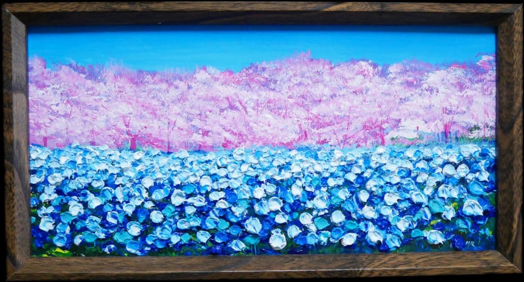 油絵 油彩 油彩画 絵 絵画 長方形ミニ絵画【ネモフィラとサクラ】