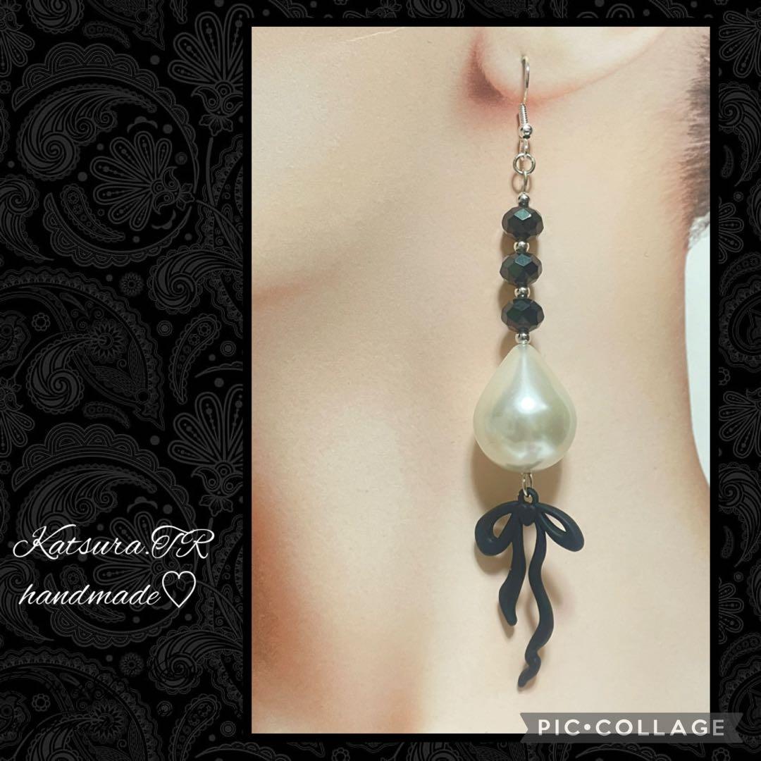 No.1204 しずくパールとリボンのロングピアス　パールピアス