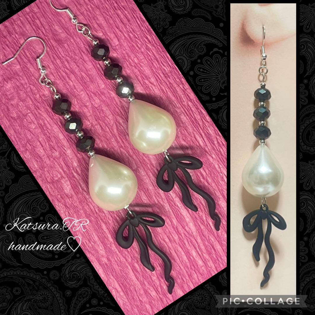 No.1204 しずくパールとリボンのロングピアス　パールピアス