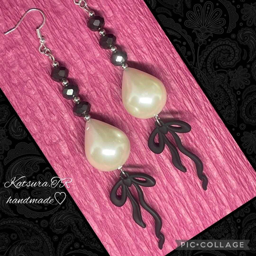 No.1204 しずくパールとリボンのロングピアス　パールピアス