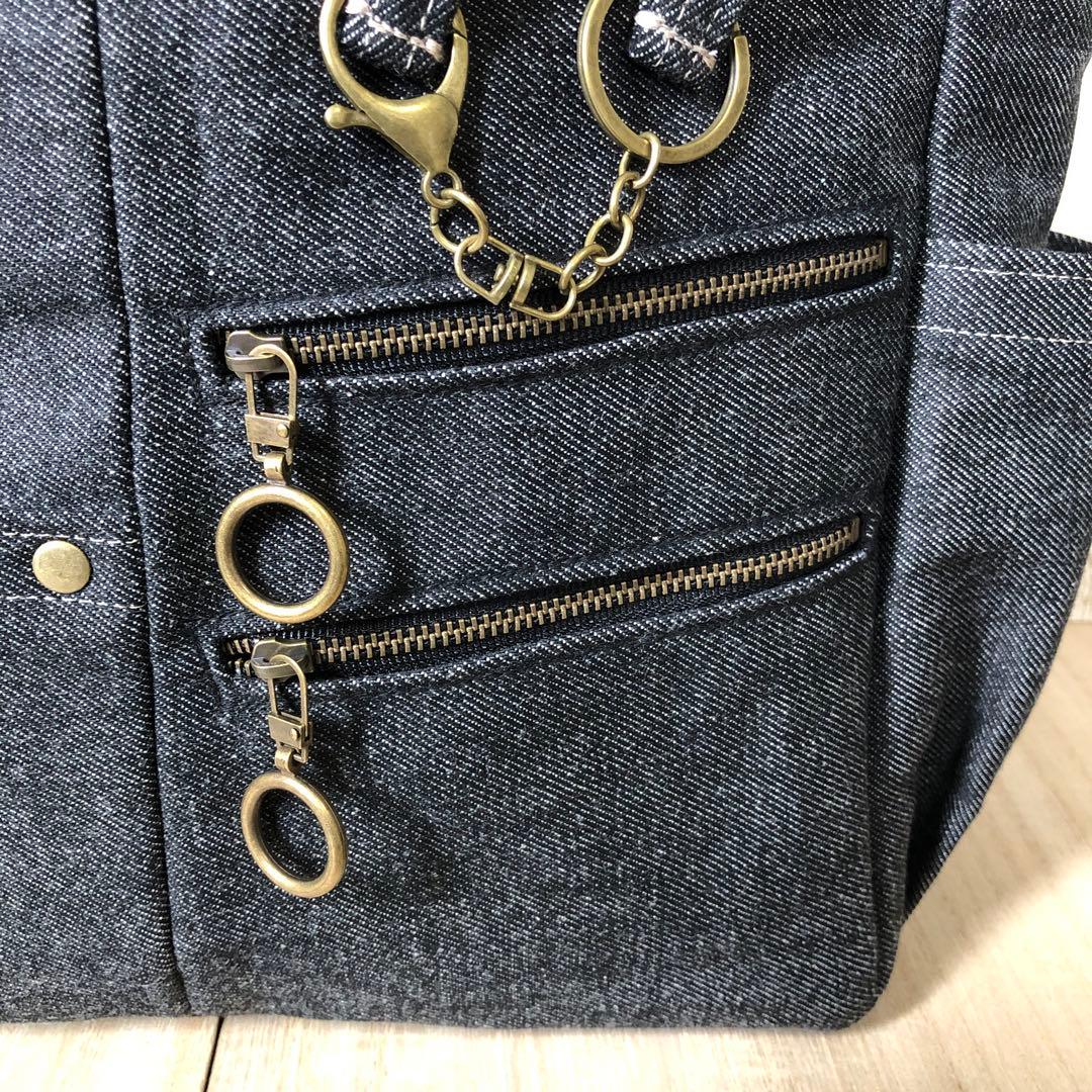 トートバッグ　ハンドメイド　デニムリメイク　ブラック　アンティークゴールドW