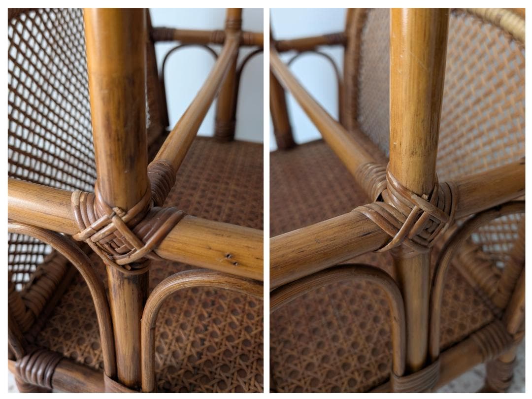 ビンテージ ラタン 脚付き バスケット ハンドル ラック カゴ 工藝 モダン